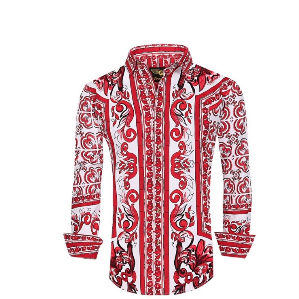 PREMIERE Long Sleeve Button Down Dress Shirt Red Diamond Leaf SZ M Preowned